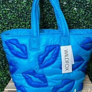 WildFox Blue Tote Bag with Playful Lip Print